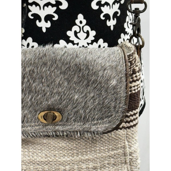 Myra Bag Convertible Crossbody Backpack Cow Hair On Hide Canvas Leather Strap - Picture 5 of 12